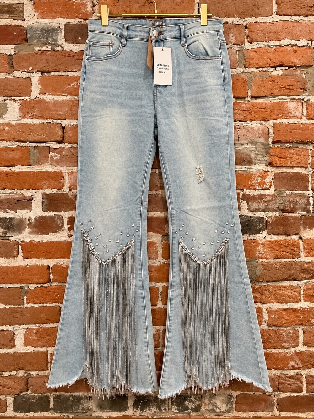 Blue B Collection Size L Rhinestone Chain Fringe Flare Jeans Light Wash NWT